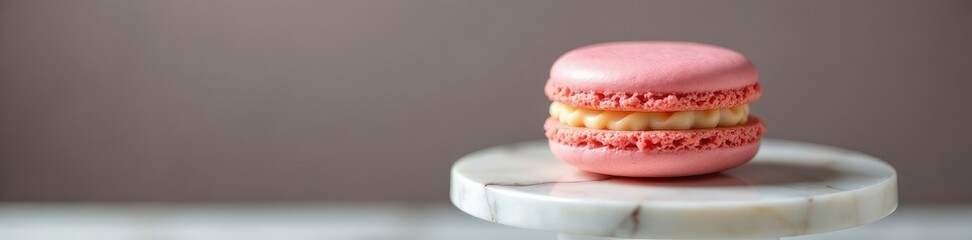 Single French vanilla macaroon on a marble pedestal, detail, focus