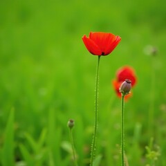 Obraz premium Single bright red poppy flower with tightly closed bud on a green stem, wildflowers, single poppy, meadow flowers