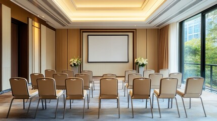 Fototapeta premium Modern Conference Room Interior with White Screen and Chairs