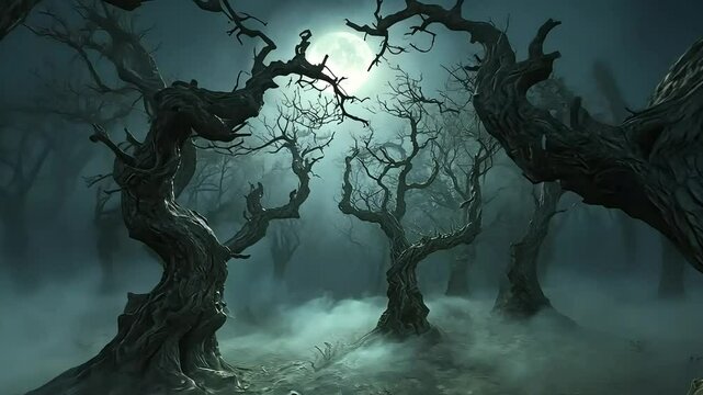 Eerie moonlit forest with twisted trees and fog, ideal for spooky or fantasy projects