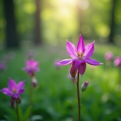 Fototapeta premium Single wild columbine Aquilegia canadensis in landscape, Wildflowers, , Floral