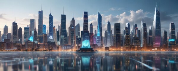 Holographic paper with futuristic cityscape and skyscrapers , metallic colors, futuristic style
