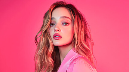 Fashion portrait of a model against a pink background studio environment