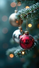 Sparkling silver and red ornaments hanging on a frosty pine branch, bokeh, ornaments