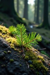 sparse fir needles on a dark brown rock surface, forest floor, firs, winter