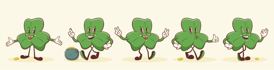 Saint Patrick Day Groovy Lucky Shamrock Retro Character Set. Cartoon Green Clover Trefoil and Gold Coins Pot Cauldron Personage Collection. Vector Irish Holiday Mascot Template Illustrations. Isolated