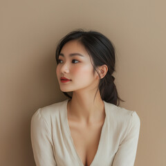 Obraz premium Elegant portrait of a woman indoor studio fashion photography soft lighting side profile contemporary style