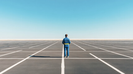 Reflection on solitude man in blue suit stands in empty parking lot