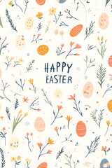 Easter Illustration with Small Drawings of Eggs, Flowers, and Carrots, Centered "Happy Easter" Text in a Festive Design