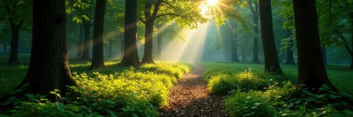 Sunlight casts dappled shadows on the forest floor, shadows, beam
