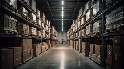 Spacious and Organized Warehouse Storage with Stacked Pallets and Shelves – Industrial Logistics Concept