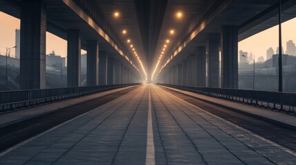 Empty highway under city bridge at dawn.
