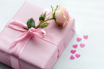 A pink-wrapped gift, ribbon tied neatly, with a single rose and heart confetti pieces, placed on a soft white background.