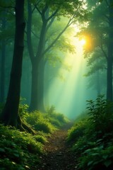Obraz premium Verdant forest shrouded by misty veil at sunrise, foggy atmosphere, greenery, misty forest