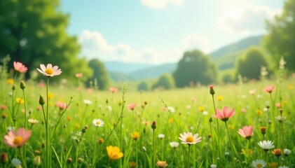 Fototapeta premium Tall grasses and wildflowers swaying in gentle breeze, meadow, wind-blown