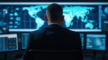 Monitoring global data trends security analyst at work in high-tech control room environment