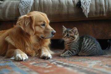 Golden retriever and striped kitten sharing a moment on a cozy rug in a living room setting during the daytime