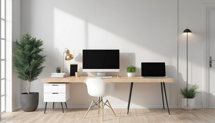 Computer monitor with empty blank screen on wooden table with flowers, coffee cup, keyboard and a lamp in the modern office with minimalistic design.