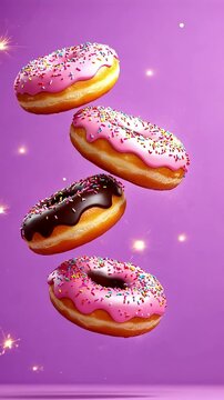 Four colorful donuts falling against a vibrant purple backdrop, ideal for food and dessert visuals