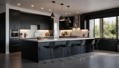 Sleek black kitchen island with stainless steel appliances and modern pendant lights, pendant lights, industrial chic, modern farmhouse style, minimalist decor, kitchen design