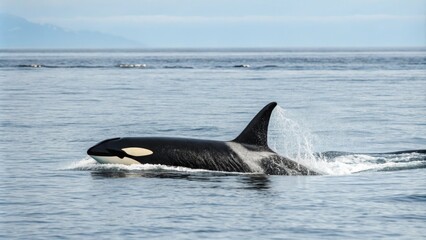 Fototapeta premium Sleek killer whale glides through the ocean, orca, aquatic mammal, animal swimming, marine wildlife, black and white markings