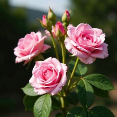A bouquet of fresh pink roses with leafy greens and flower buds, pink roses, , botanicals
