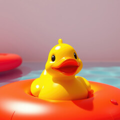 Joyful yellow rubber duck toy sitting on a red inflatable pool float, childhood happiness, aquatics