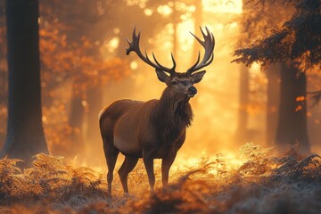 Majestic stag stands proud in a sunlit forest during autumn's golden hour