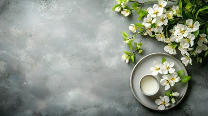 Delicate white spring flowers in a vase on a rustic wooden table surrounded by lush green foliage  Tranquil and serene natural floral arrangement in a cozy cottage inspired setting