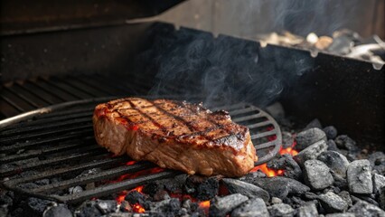 Juicy grilled steak resting on a bed of ash and embers from a smoldering charcoal fire, grilled steak, backyard BBQ, flame on grill
