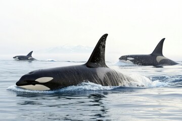 Naklejka premium Killer whales swimming with open fins isolated on white, orca swimming, killer whale in action, ocean creature, underwater scene