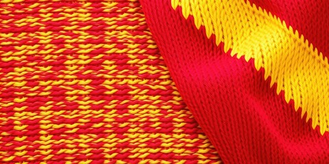 Knitted fabric with a bold red and yellow color scheme, perfect for adding a pop of brightness to any project, warm, soft