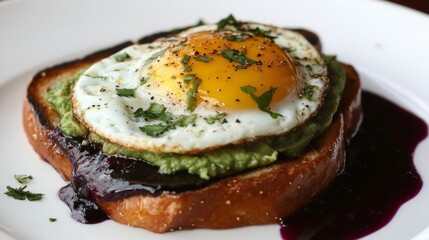 Avocado toast on sourdough with a fried egg, habanero blueberry hot sauce, perfect for a healthy breakfast. 