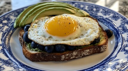 Fototapeta premium Avocado toast on sourdough with a fried egg, habanero blueberry hot sauce, perfect for a healthy breakfast. 