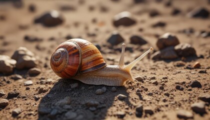 Snail crawling on dry earth with visible horns protruding from its shell, earthy terrain, ground dweller