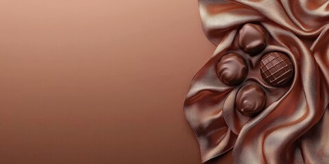 Naklejka premium A close-up view of rich, glossy chocolate pieces nestled in textured fabric, showcasing a warm brown color palette.