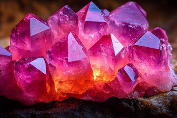 Vibrant Pink Quartz Crystals on Stone Surface - Geology, Mineral Collection, Interior Decor