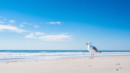 A beach scene with a clear blue sky and white sand, a seagull standing on the shore