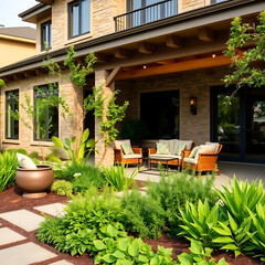 Luxury Home Exterior with Landscaped Backyard and Patio: Modern Architectural Design, Elegant Garden, Comfortable Outdoor Seating