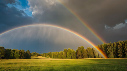 summer landscape with sun and rainbow