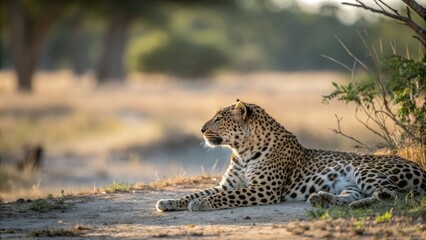 Leopard resting in a sunny clearing with a blurred background, sunlit clearing, natural habitat