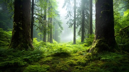 Fototapeta premium Enchanting mossy forest with lush verdant foliage and sunbeams shimmering through the canopy creating a serene and peaceful natural landscape perfect for hiking trekking and outdoor