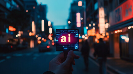 A hand holds a glowing word "ai" symbolizing ai agents and futuristic technology minimalistic bright tone modern blurred empty caption space on the side

