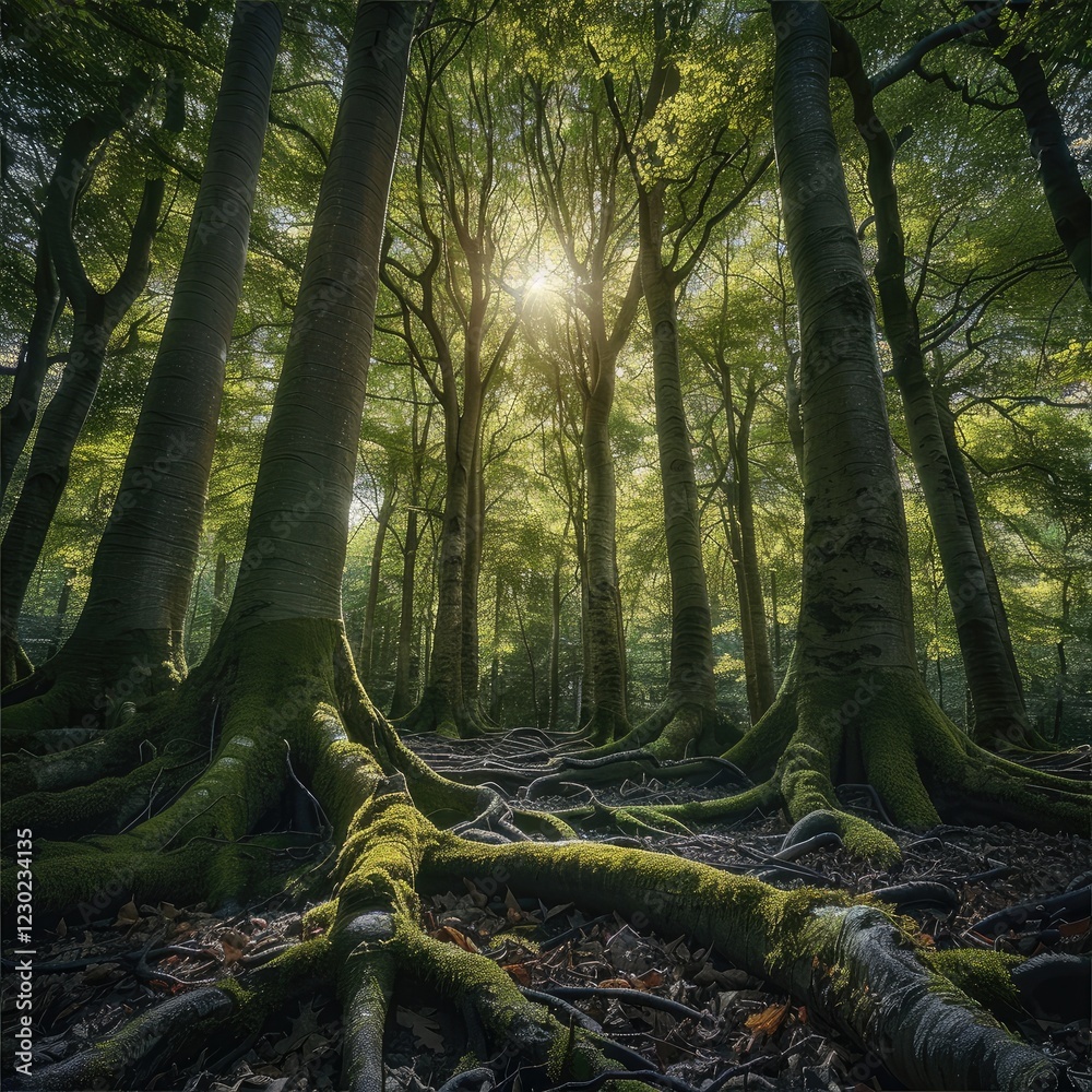 Aufkleber A serene and lush forest with tall trees standing close together, symbolizing unity and teamwork. The trees have intertwined roots visibly connecting them, forming a natural network.