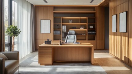 Modern Wooden Office Interior Design with Large Desk and Bookshelves