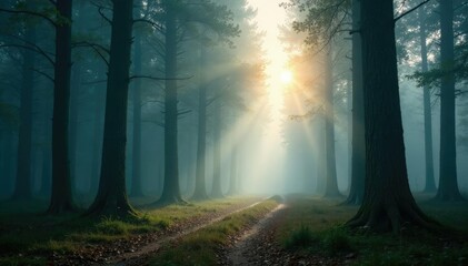 Obraz premium A serene and misty forest with tall trees and fog rolling in, serene, atmospheric