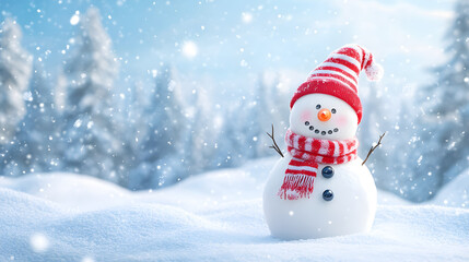 Fototapeta premium A panoramic view of a cheerful snowman in a winter landscape with room for text.