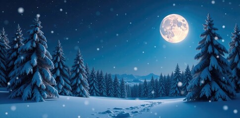 Naklejka premium A serene forest with snowflakes falling gently under a vast starry sky and full moon, moonlight, stars, snowfall