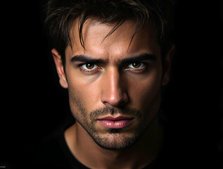 Fototapeta premium Charismatic Close-Up of a Man with Sharp Features and Intense Gaze in Soft Directional Lighting, Ideal for Male Portraiture and Editorial Photography