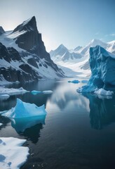 Naklejka premium Snowy mountains, blue iceberg, and calm water of a bay , frozen mountain range, natural wonder